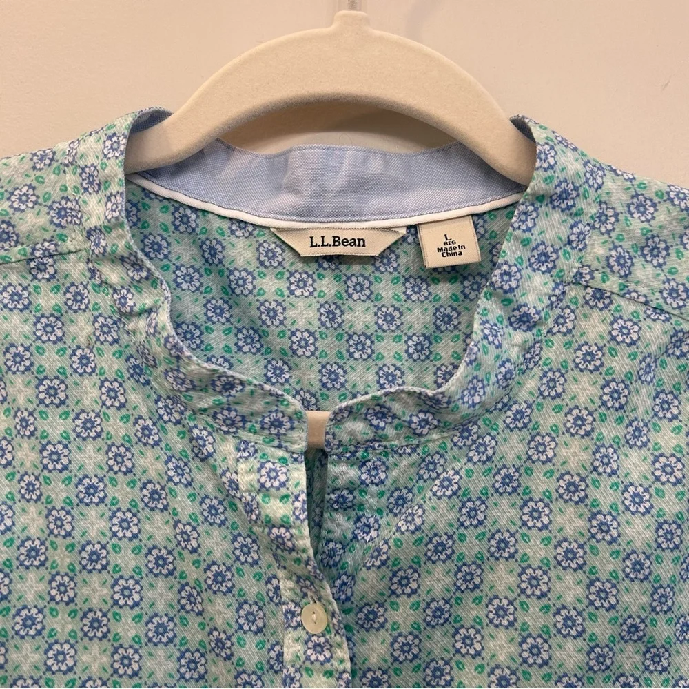 L.L. Bean Cotton Floral Button Down Short Sleeve Shirt White Blue Green Size L - Picture 3 of 8